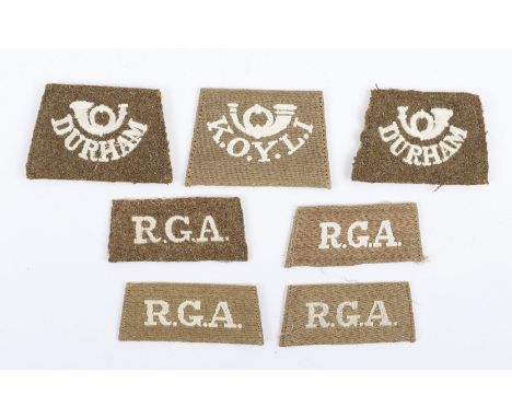 WW1 British Slip-on Shoulder Titles, being embroidered white on khaki Durham Light Infantry, machine embroidered Kings Own Yo