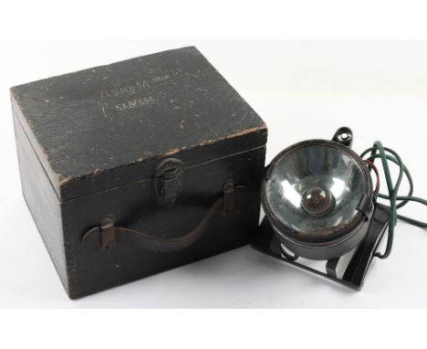 RAF WW2 Aldis Signalling Lamp in its original Air Ministry Case.  Black painted wood case with black leather handle, stamped 