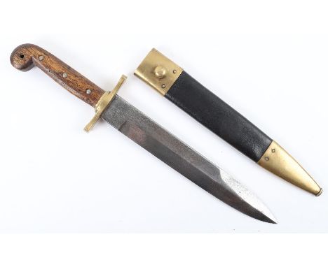 Reproduction American Civil War Knife, with wooden grip, housed in a leather and brass mounted scabbard. Steel blade with mar