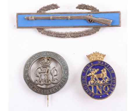 WW2 US Infantryman Breast Badge, stamped sterling to reverse and “N S MEYER INC NEW YORK”; Gilt and enamel lapel badge and a 
