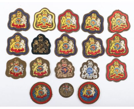 Grouping of British Army EIIR Warrant Officer Cloth Sleeve Badges, including WO1 types with coloured borders. Various conditi
