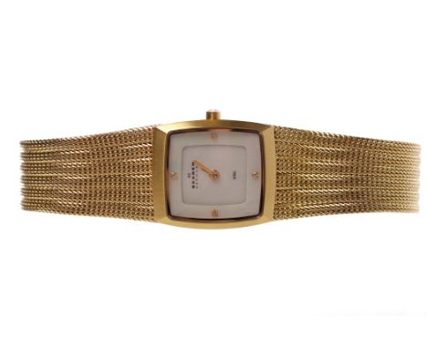 LADY'S GOLD PLATED SKAGEN STEEL DIAMOND SET WRISTWATCH
reference 380XSGGW, quartz movement, the mother of pearl dial with dia