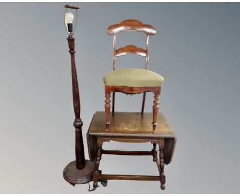 An antique mahogany dining chair together with a beech wood standard lamp and a flap sided coffee table.