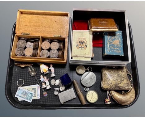 A tray of Victorian pennies, lighter, playing cards, brass purses, pewter snuff box etc
