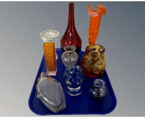 A tray containing antique and later glassware including Whitefriars and Caithness vase, a Bohemian glass vase, double bottle 