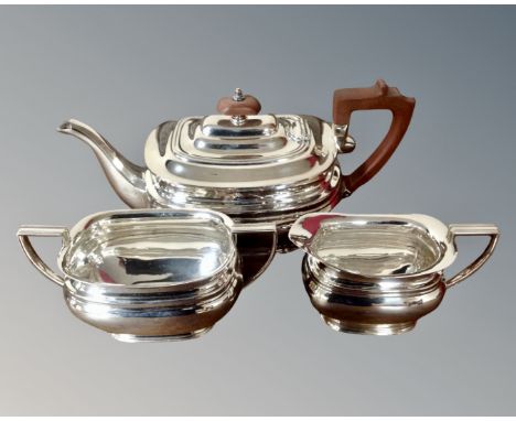 A three piece Sheffield silver plated tea service.