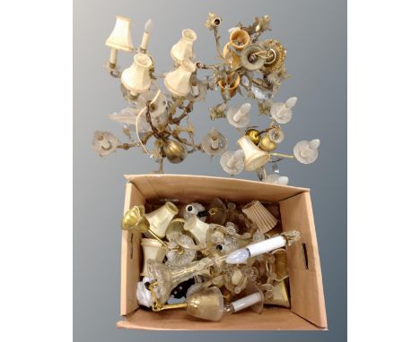 A collection of six antique metal and glass light fittings with glass drops. (AF)