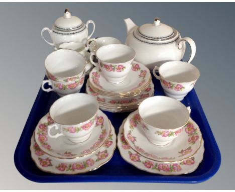 Six English pink rose patterned bone china trios together with a Wedgwood Contrasts teapot, sugar basin and milk jug and a fu