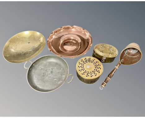 Six brass and copper items including a ladle, trays etc.
