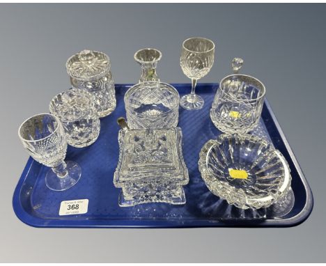 A tray containing a quantity of lead crystal cut glass including Waterford crystal liqueur decanter, vase, whiskey tumbler, l