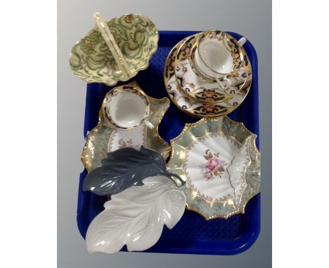 A tray containing assorted ceramics including Aynsley and Carltonware dishes, Tuscan basket, antique tea ware.