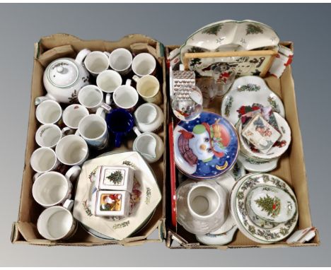 Two boxes containing Christmas ceramics including Spode, Villeroy and Boch, mugs, tea ware, wine glass etc.