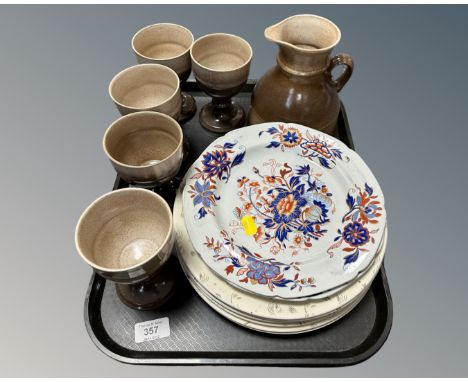 A tray containing a pair of 19th century Spode floral patterned plates together with a further set of six Johnson brothers Se