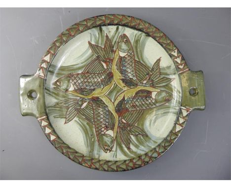 Celadon Green Glaze Ceramic Plate, with fish decoration, approx 37 x 30.5 cms, pottery mark to base.