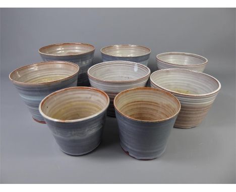 Eight Campden Potteries Ceramic Blue/brown Slip-ware Planters, 2 x 13 cms dia, 4 x 16 cms dia, 1 x 17 cms dia and 1 x 18.5 cm