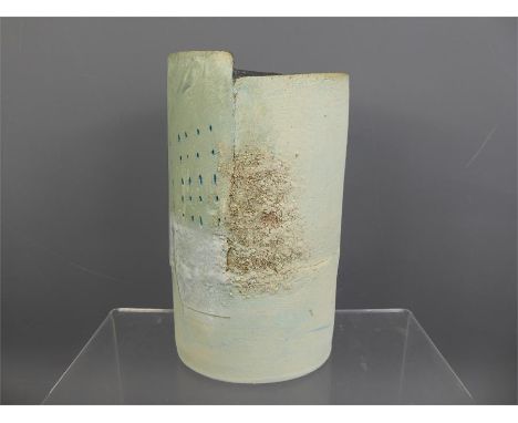 Craig Underhill Contemporary Ceramic Pillar Vase, turquoise and celadon green, approx 20 cms, signed C. Underhill to base.