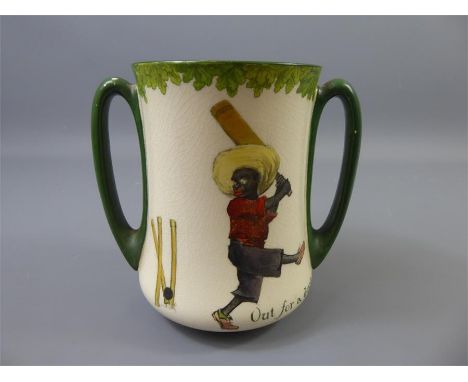 A Royal Doulton Ceramic Double Handled 'All Black Team Cricketer' Mug, depicting two characters, one exclaiming "Out for a Du