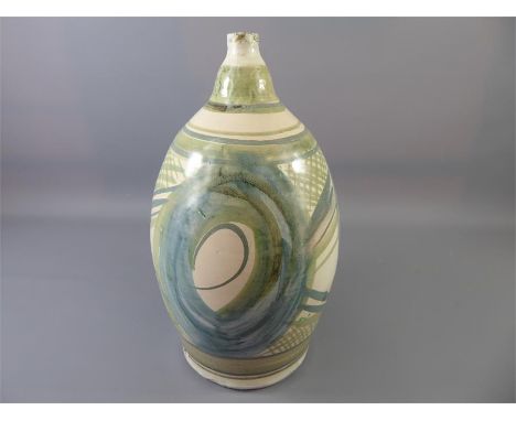 A Large Ovoid Pottery Lamp Base, with a pale glaze and celadon free-form pattern, approx 37 cms h x 20 cms d, signed CB possi