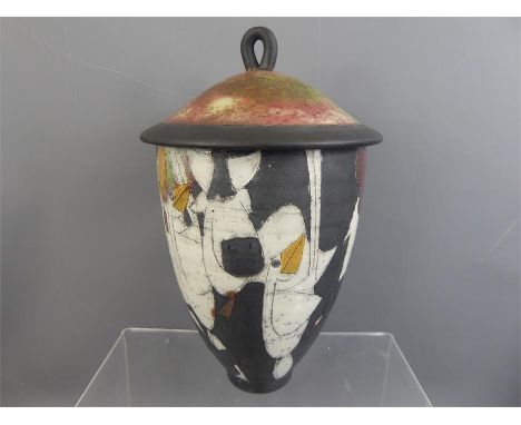 A Comical Ceramic Pot and Cover, painted with cows and birds, approx 30 cms.