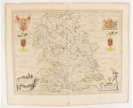 After Johannes Blaeu, COMITATUS SALOPIENSIS ANGLICE SHROP SHIRE, a hand coloured map on laid paper, visible plate mark, title