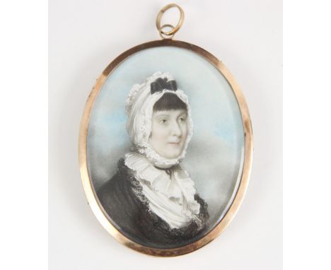 In the manner of Andrew Plimer, circa 1790,Portrait miniature,Watercolour on ivory of a lady in half mourning, with lace trim