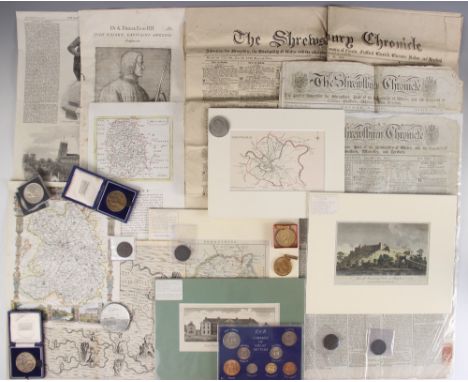 SHROPSHIRE INTEREST: A selection of medals, prints and coins, to include a Shropshire Political Medal dated 1841, 59mm diamet