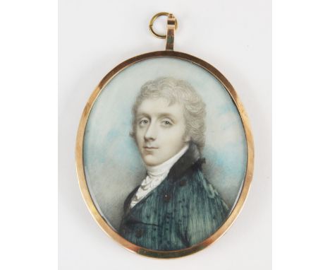 Attributed to Andrew Plimer (British 1763-1837),Portrait miniature,Watercolour on ivory of a gentleman wearing a teal green c