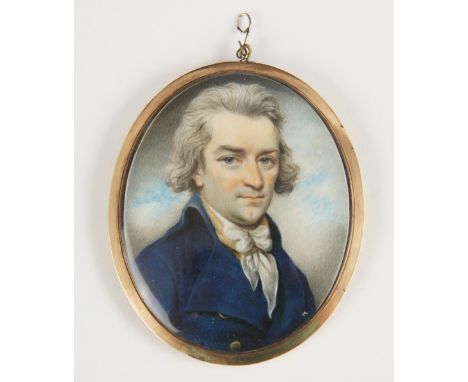 English School, late 18th century,Portrait miniature,Watercolour on ivory of a gentleman, with powdered hair, lace bow cravat