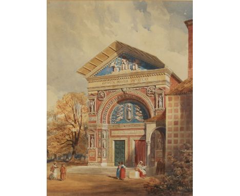 Continental school (19th century),A grand tour style architectural scene with figures,Watercolour on paper,Initialled JML ? l