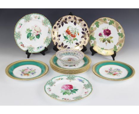 A set of six 19th century Staffordshire dinner plates, each with a hand-painted floral bouquet to the centre, with jade green