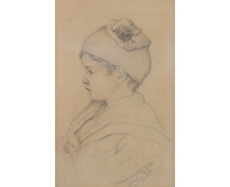 Norman Macbeth RSA (Scottish, 1821–1888),Portrait of a child in knitted hat,Pencil on paper,Signed and dated "26th July 1886"