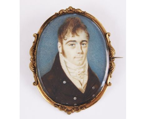 English School circa 1790,Portrait miniature,Watercolour on ivory of a gentleman, white cravat and striped waistcoat wearing 