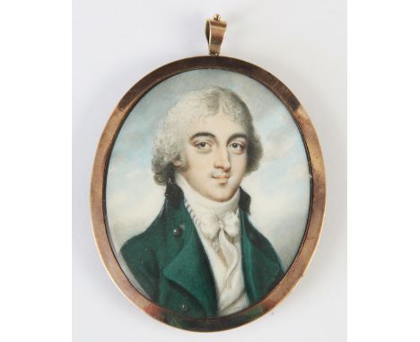 English School circa 1790,Portrait miniature,Watercolour on ivory of a gentleman, with powdered hair, lace bow cravat and gre