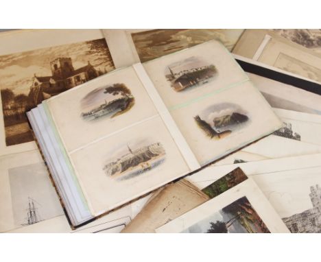 A scrap book, 23cm x 19cm, containing a selection of pasted down prints and vignettes depicting architectural scenes and land