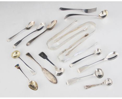 A selection of George II and later silver cutlery, to include a George III old English pattern silver sauce ladle, Peter, Ann