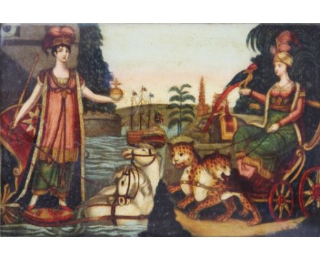 A George III allegorical reverse glass print, early 19th century, depicting Europe and Asia, published by J Hinton of Wells S