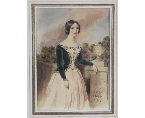 French school (19th century),Three quarter length portrait of a young lady,Watercolour on paper,Inscribed "Zilia 17 Mai 1846"