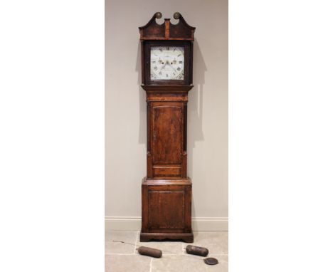 A George III oak and pollard oak eight day longcase clock, by J Joyce, Ruthin, the broken twin swan neck pediment above reede