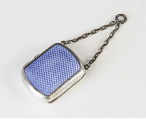 A George V silver and enamel compact, possibly 'B&C', Birmingham 1912, of rounded rectangular form with blue guilloche enamel