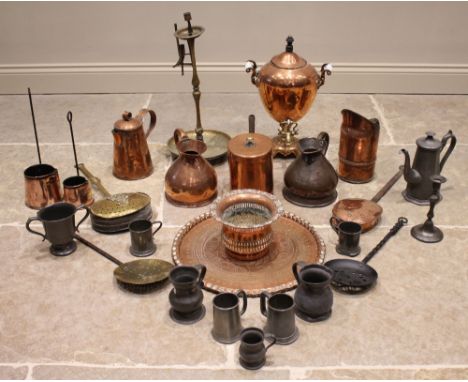 A Regency copper samovar, of ovoid form, 44cm high, a 19th century cylindrical copper pan and cover, both stamped 'Harrods Lt