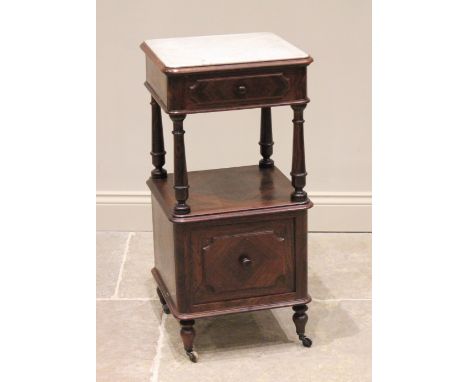 A late 19th century French rosewood marble top bedside cabinet, the square moulded top inset with marble above a single friez