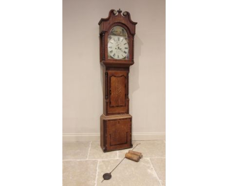 An early 19th century oak and mahogany cross banded eight day longcase clock signed Robert Weare, Welshpool, the 36cm break a