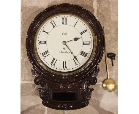 A late 19th century carved oak drop dial fusee wall timepiece signed 'Holt, Altrincham', the 30cm painted dial applied with R