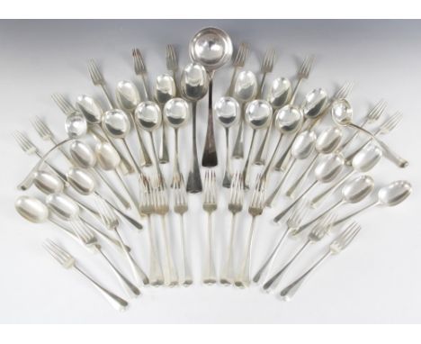A George V part canteen of Hanoverian pattern silver cutlery, mostly Josiah Williams &amp; Co, London 1914, comprising twelve