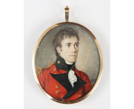 English School circa 1810,Portrait miniature,Watercolour on ivory of a young military officer, wearing red dress uniform with