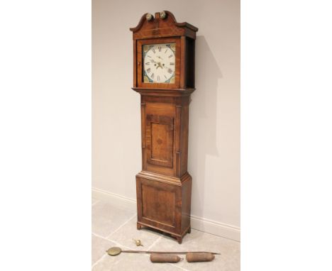 A George III oak and mahogany cross banded eight day longcase clock, the 33cm painted square dial with subsidiary second dial