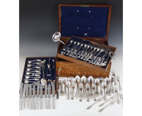 A 19th century part canteen of fiddle and thread pattern silver cutlery, the majority marked for 'JS' (possibly John Stone), 