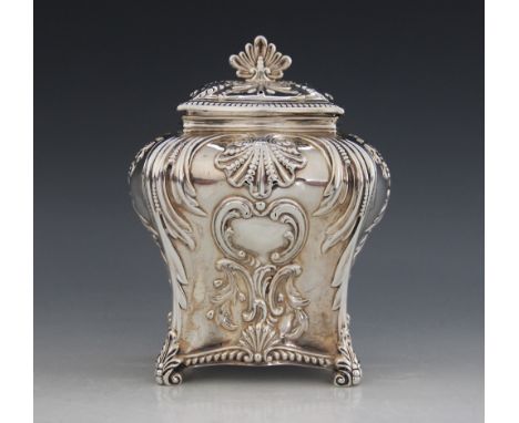A Victorian silver tea caddy, Thomas Bradbury & Sons, London 1892, of inverted baluster rectangular form on four acanthus cap