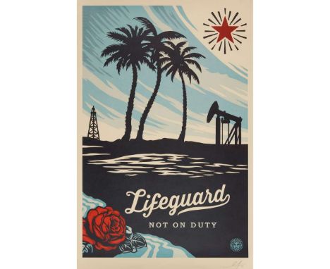  SHEPARD FAIREY LIFEGUARD NOT ON DUTY - 2016 Off-set lithograph, signed and dated in pencil to margin   the sheet 91.5cm x 61