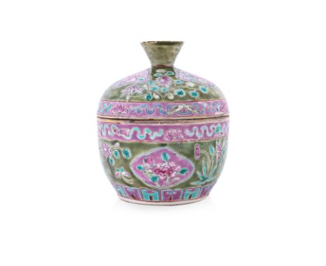 AN OLIVE GREEN GROUND FAMILLE ROSE CHUPU
Decorated with shaped oval pink foliate panels, on a foliate olive green ground, and